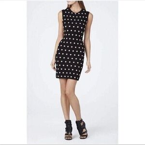 BCBGMAXAZRIA Jose Sleeveless Polka Dot Jacquard Bodycon Knit Dress Womens Black